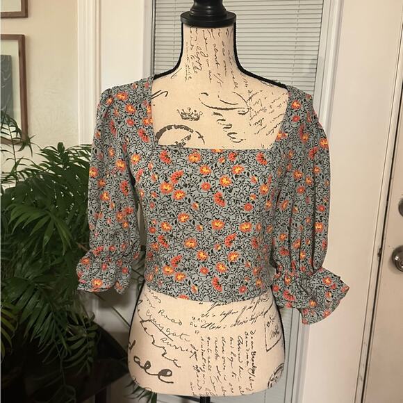 NWT Sienna Sky Dusty Blue Orange Floral Fall Crop Top, Elbow Puff Sleeve, Size S - Picture 1 of 9